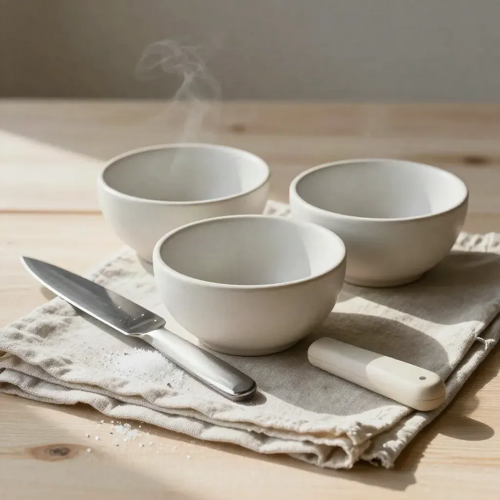 Three pinch bowls, chef’s knife, and salt on linen with soft steam and warm daylight