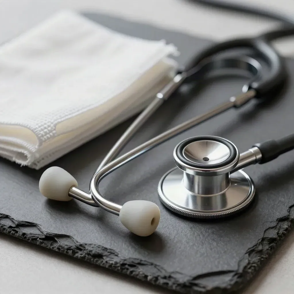 Stethoscope earpieces, reflex hammer head, and gauze on stone in a clinical macro still life.