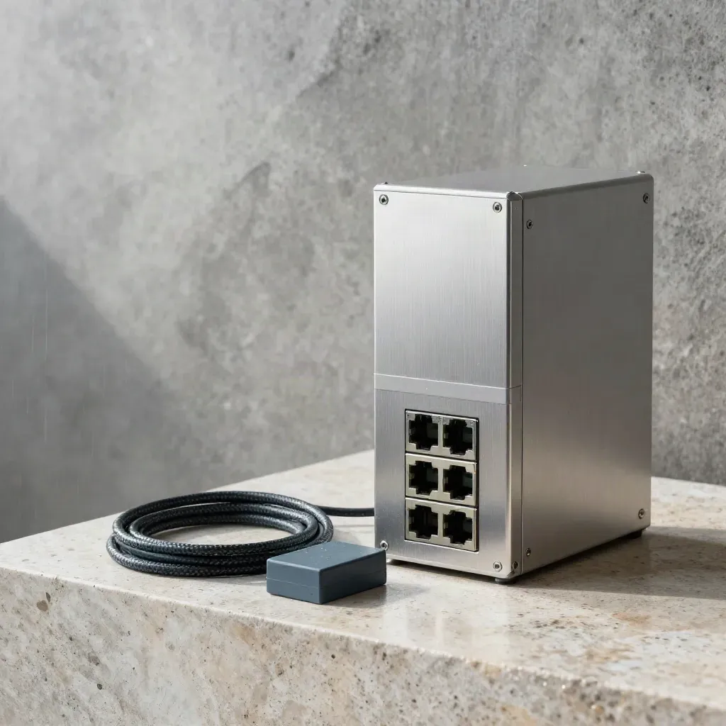Firewall appliance with braided cable, SSD cartridge and power brick on a pale stone plinth.