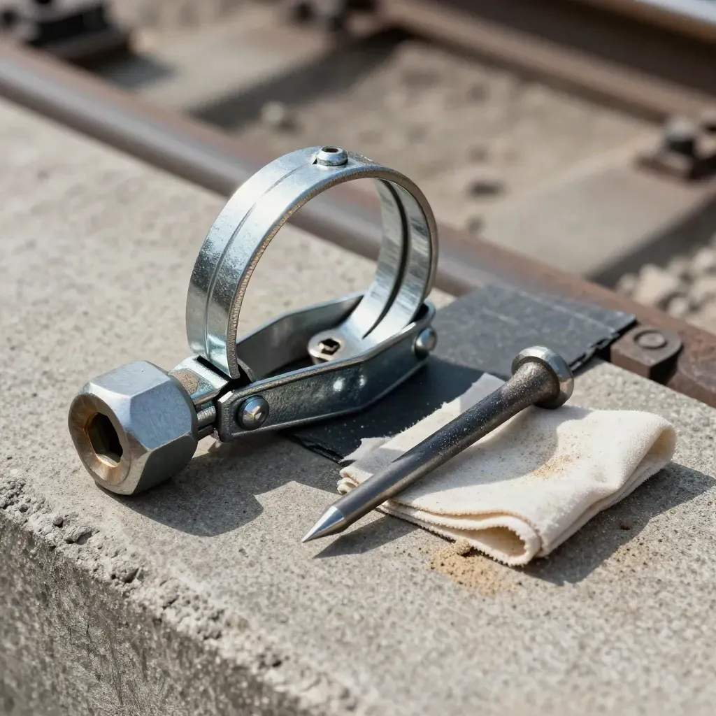 Rail fastening kit on concrete with clamp, socket, spike and rag under dramatic light.