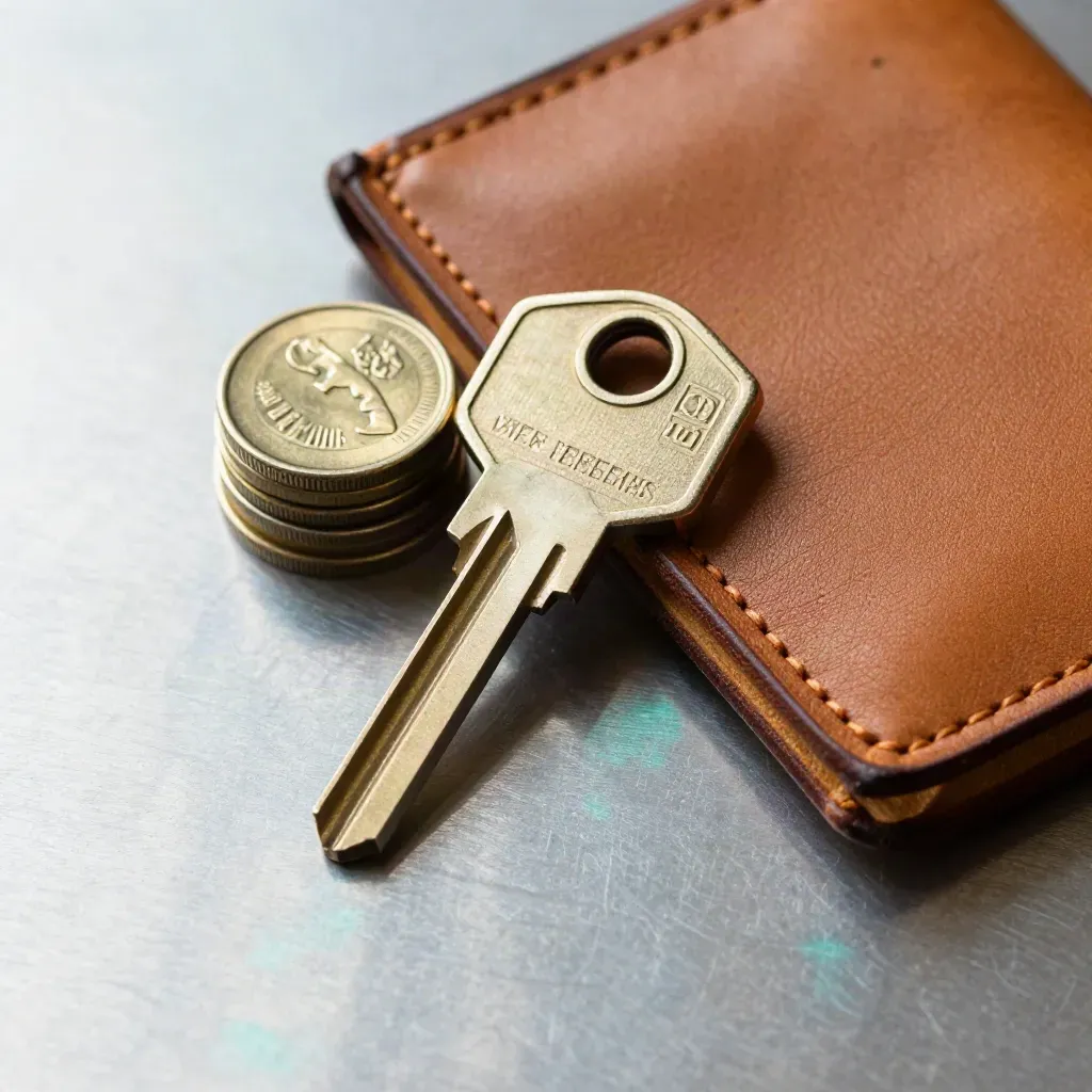 Brass security key, stacking weights, and leather sleeve on brushed pewter