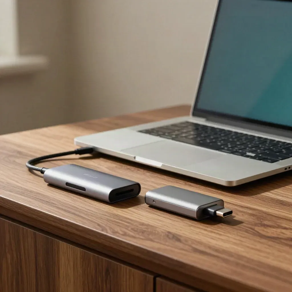 Closed silver laptop, USB-C hub and external drive on warm wood in dramatic studio light