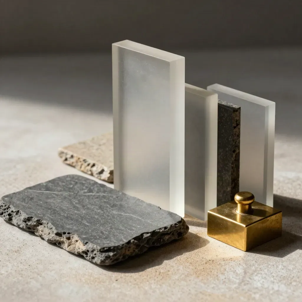 Stone samples, frosted blocks, and a brass weight on pale plaster with dramatic light.