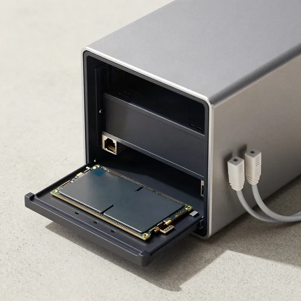 Open NAS chassis with two SSDs and Ethernet couplers on pale concrete, close macro.