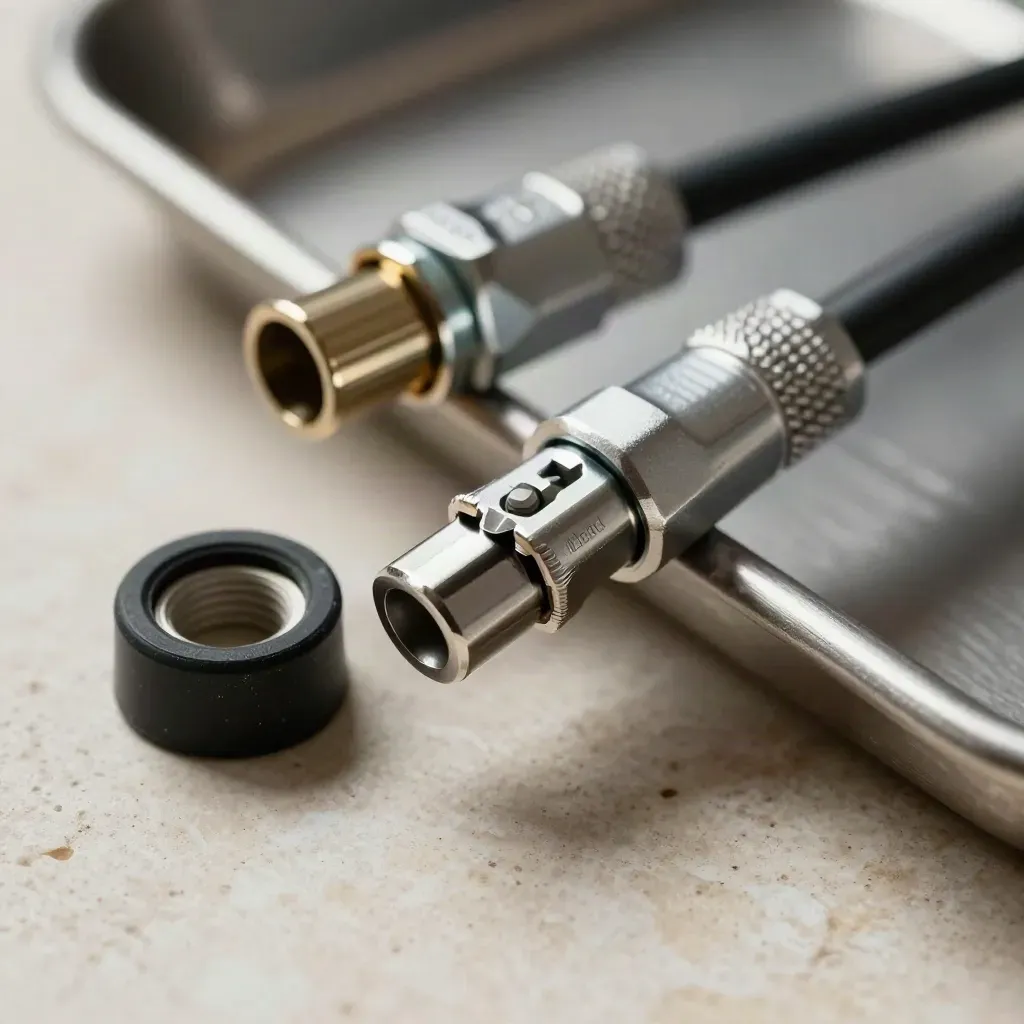 Macro still life of cable hardware on pale stone with soft metal light