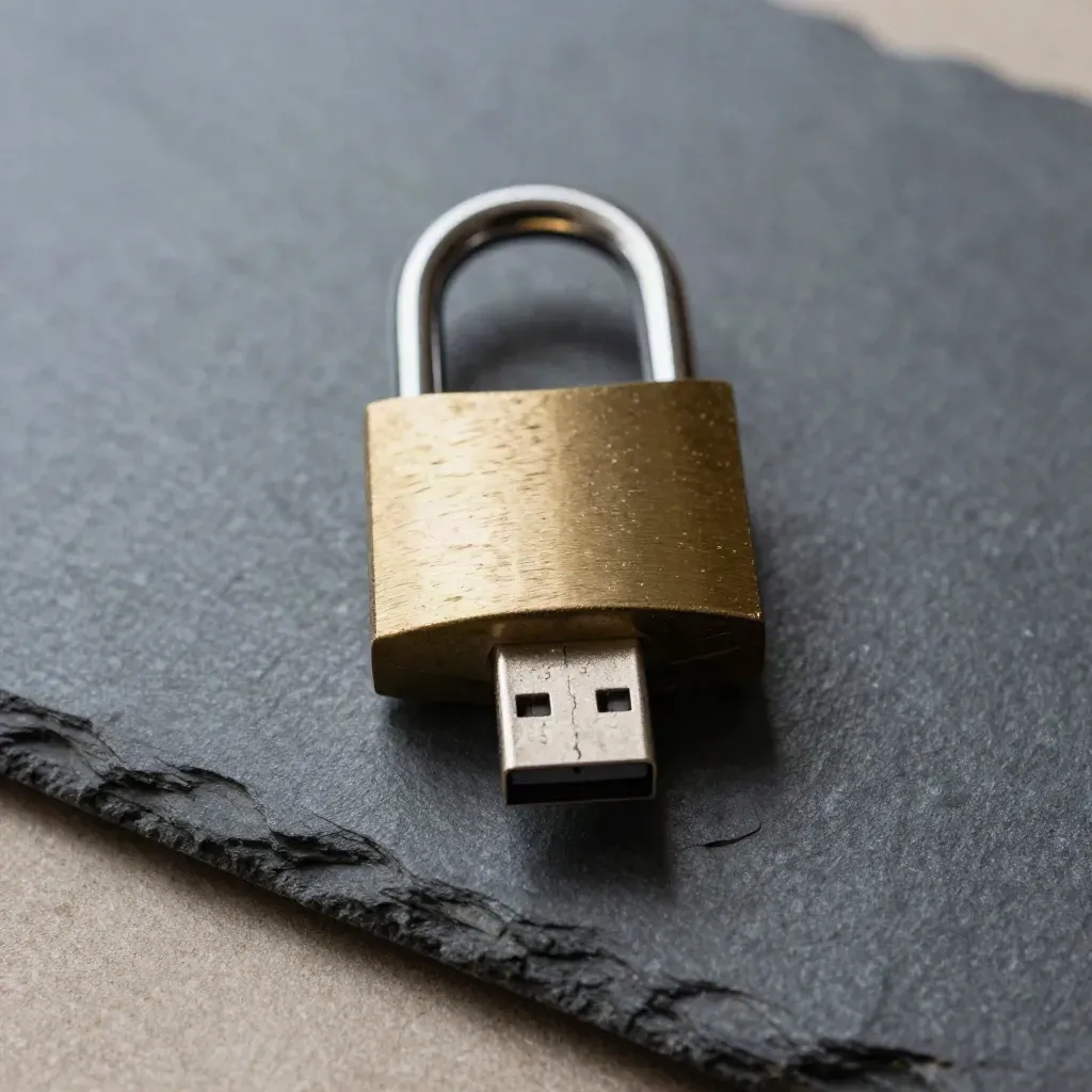 USB security key, brass padlock, and tamper seals on slate under cool directional light.