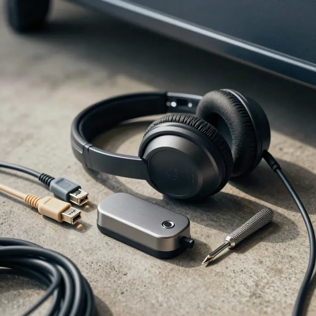 Headset, docking puck, patch cables and screwdriver on concrete with soft shadow.