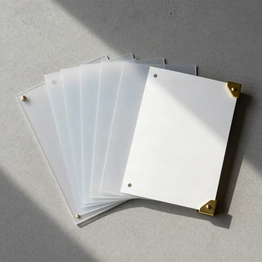 Top-down acetate planning sheets, blank folded card and brass corner weights on cool concrete.
