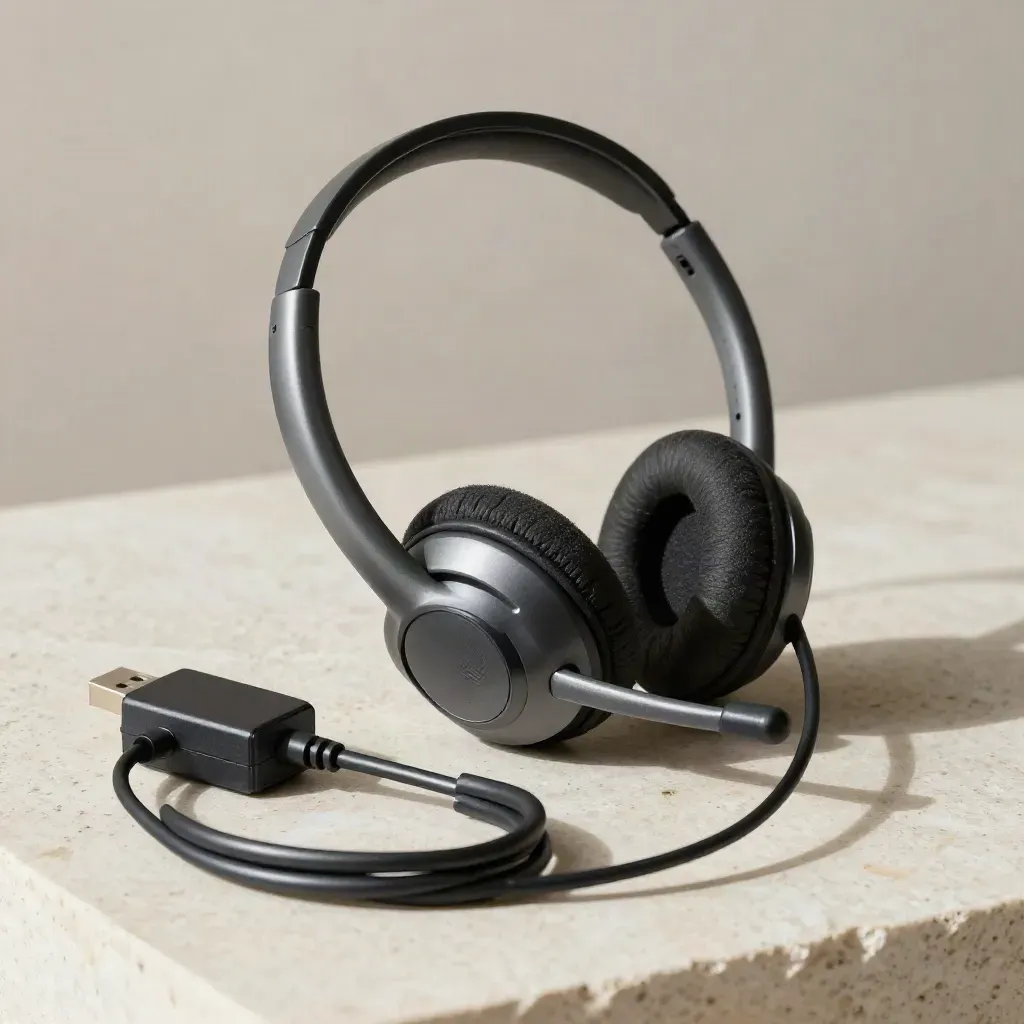 Help desk headset on charging base with USB dongle and coiled cable on pale stone.