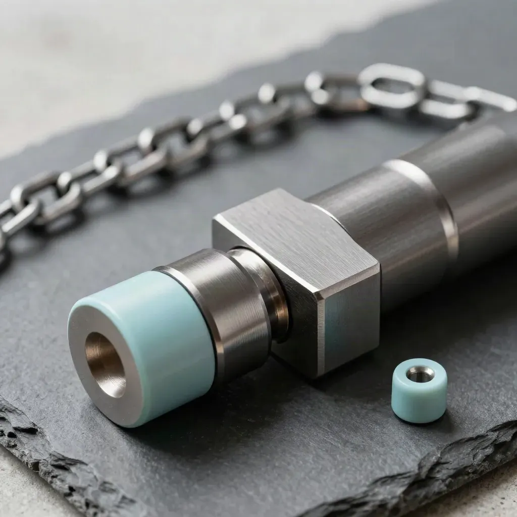 Brushed connector blocks and a linked ring chain on slate, with a subtle soft aqua hardware accent.