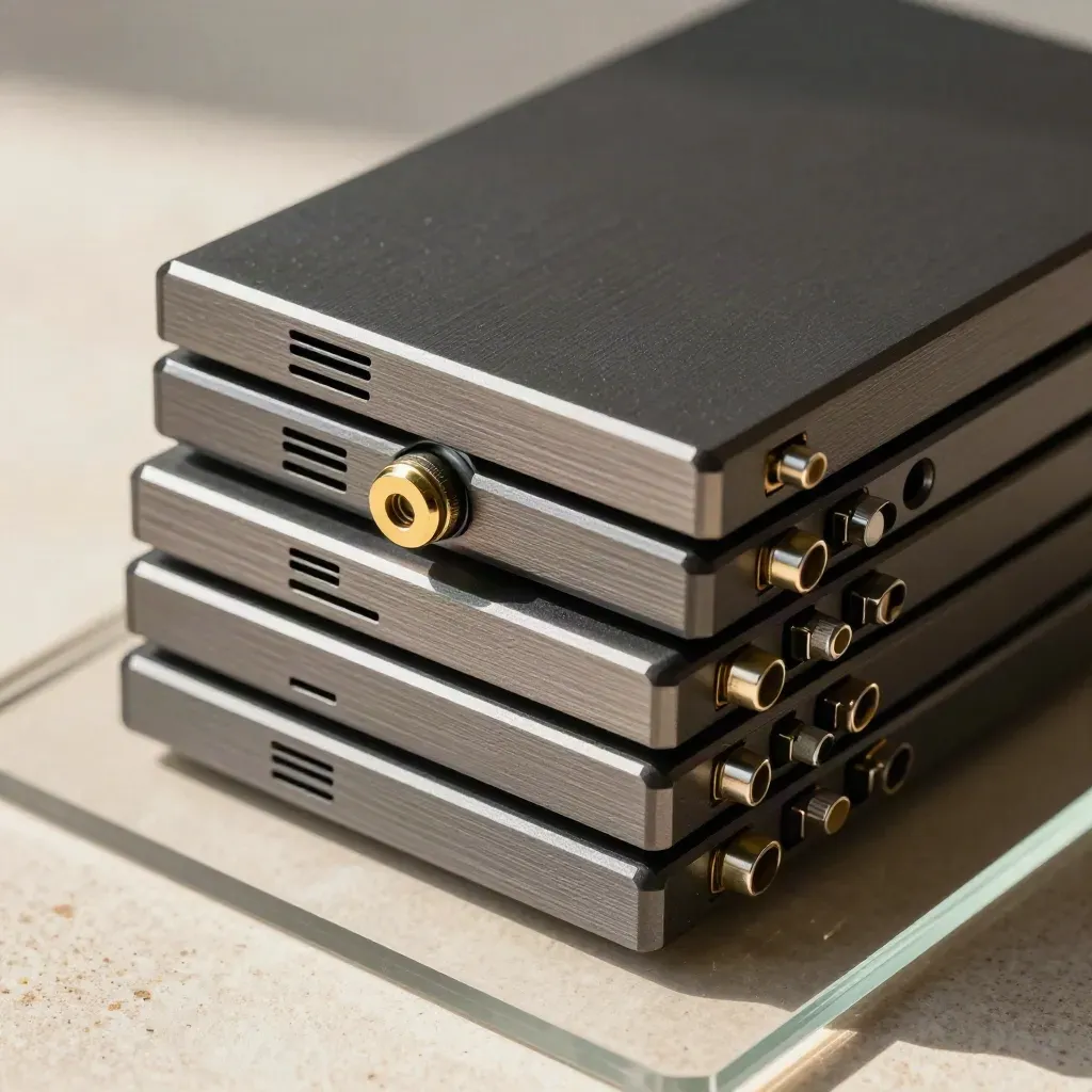 Top-down macro of backup SSDs, lock cylinder, ferrules, and a storage hub behind acrylic blur.