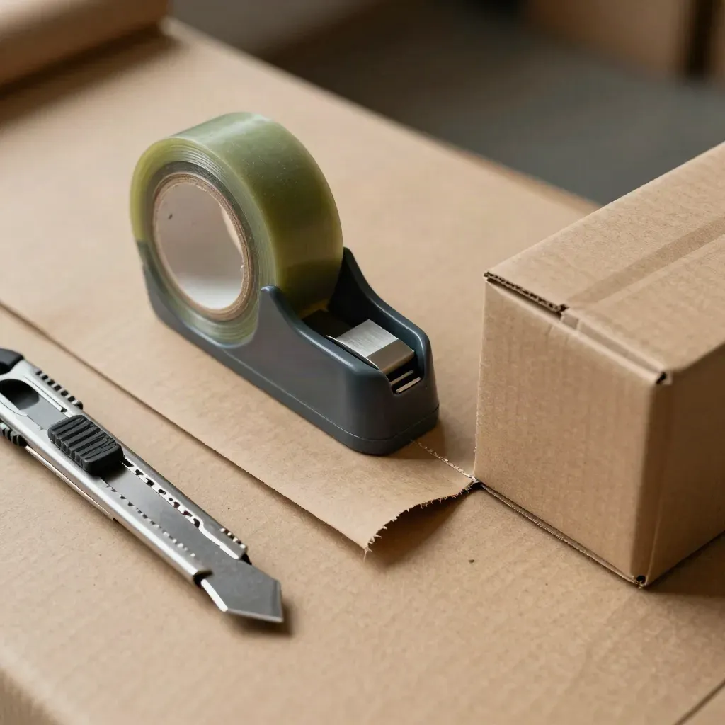 Packing tape dispenser, kraft paper, utility knife, and box corner on a packing bench
