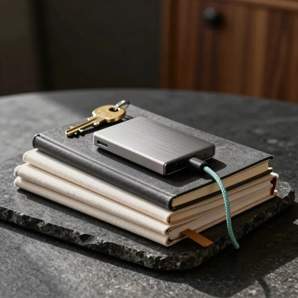 Closed notebooks, a backup drive and brass keys on dark stone in dramatic studio light