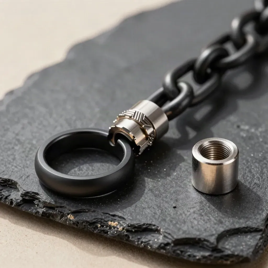 Macro of linked matte-black rings, aluminum coupling, and connector cap on dark stone.