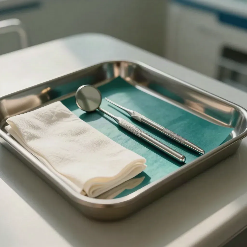 Dental tray, mirror, and gauze on pale cloth with a calm clinic feel.