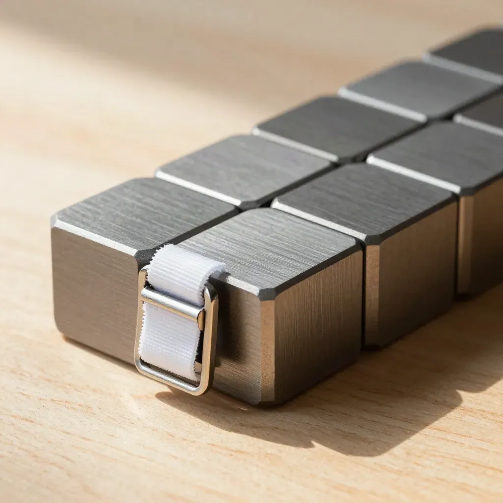 Hexagonal machined blocks and a hinged clasp on pale wood under dramatic studio light.