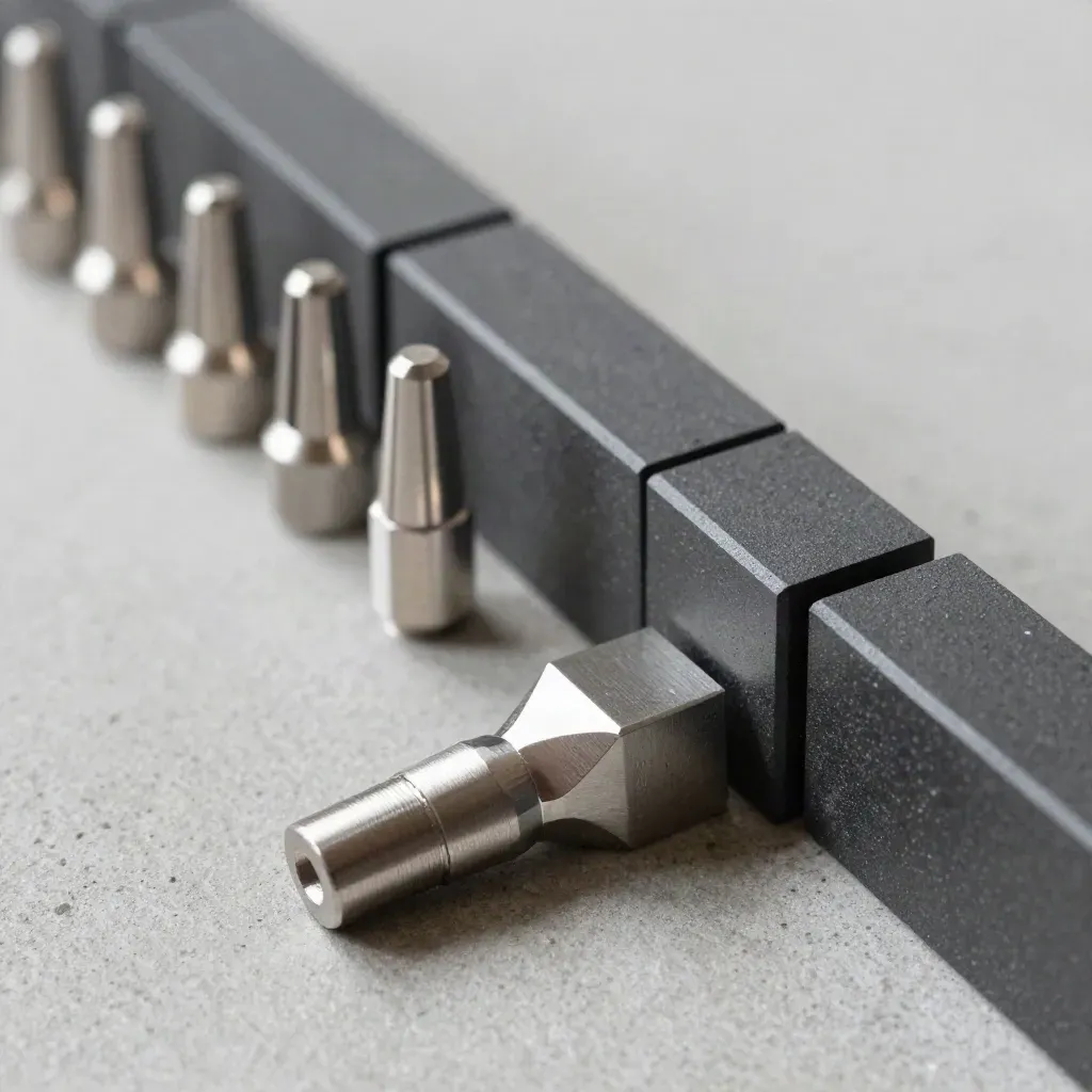 Dovetail connectors, aluminum spacers, and modular blocks arranged on concrete in soft directional light