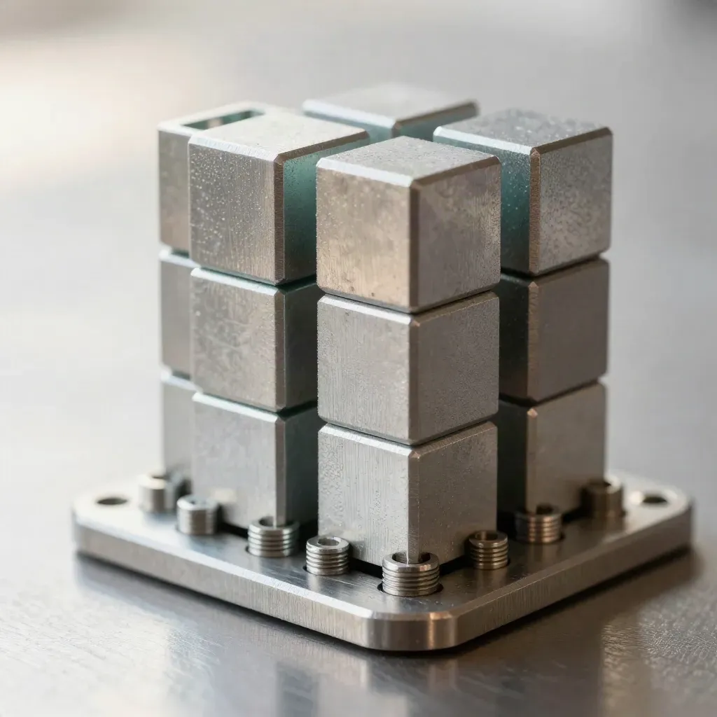 Macro still life of aluminum cubes, ferrules and a steel base plate on graphite metal.